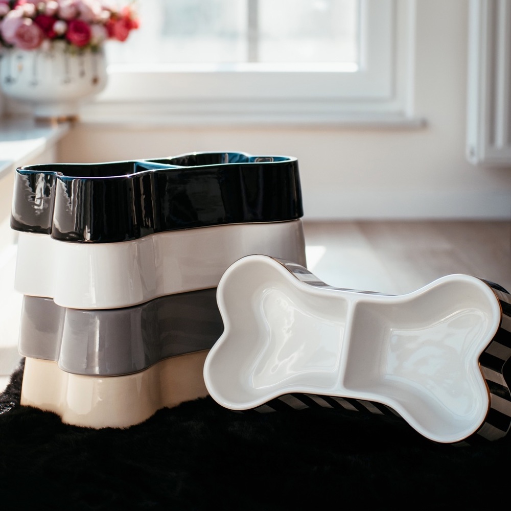 Gray ceramic dog bowl bone Hendri Bender inspired